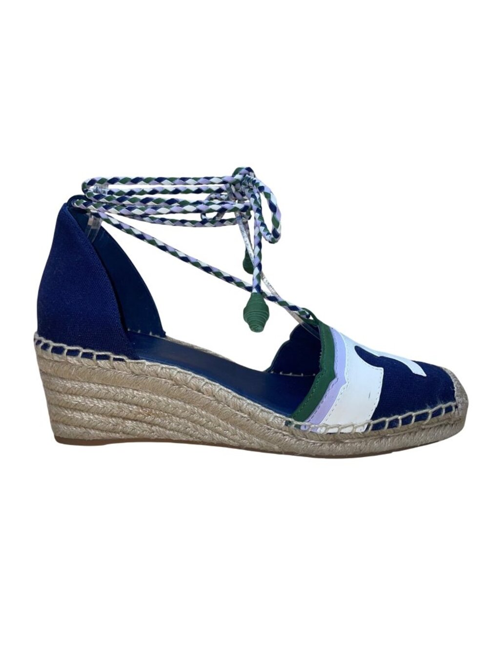 Tory Burch Women’s White & Blue Canvas Lace-Up Espadrille Wedge Sandals Size 8M